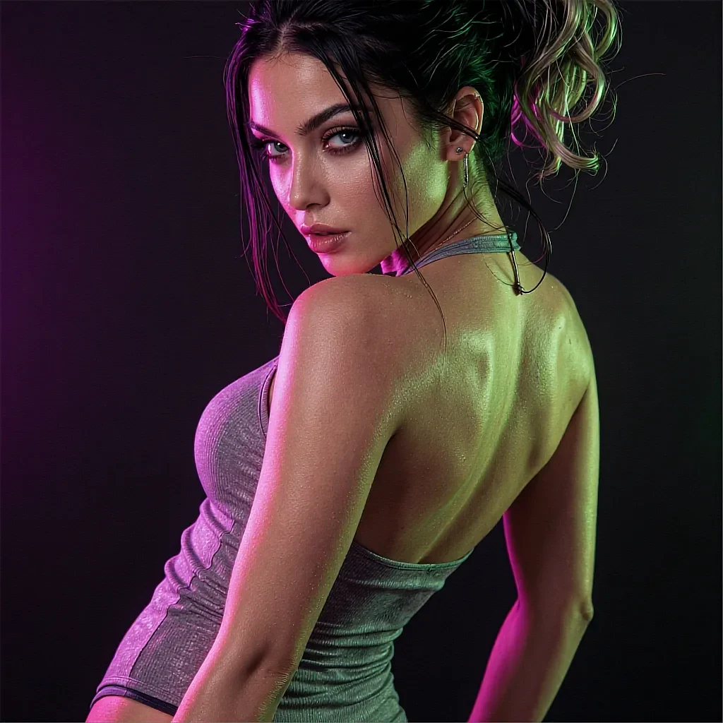 Profile card on the comparison page: a fictional AI character with her hair pinned up, back to the camera under magenta and green studio light