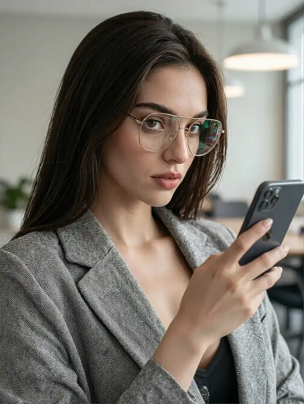 Fictional AI character in wire glasses and a grey blazer reading her phone at an office desk