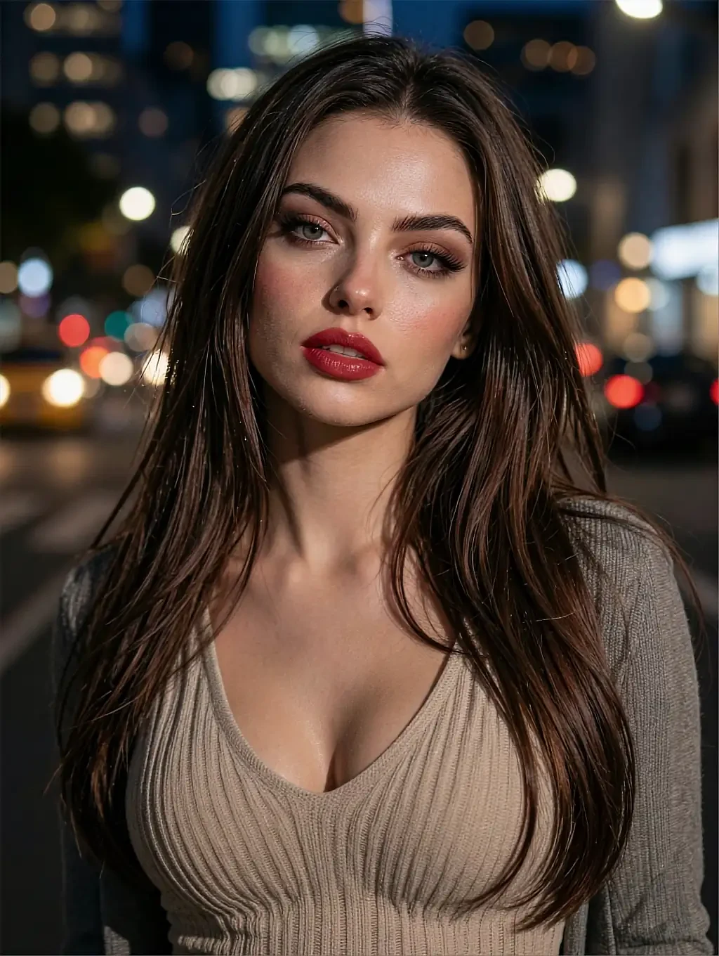 Fictional AI character in a ribbed beige top on a city street at night, traffic lights blurred behind her