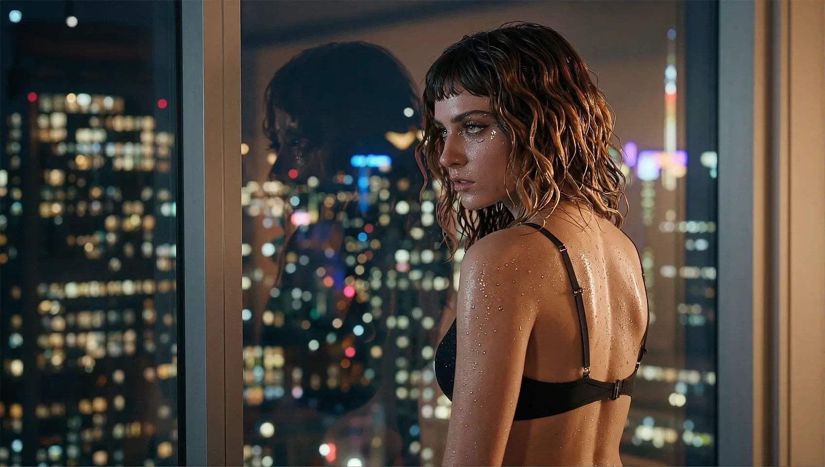 Fictional AI character with curly hair standing at a floor-to-ceiling window above a lit city skyline at night