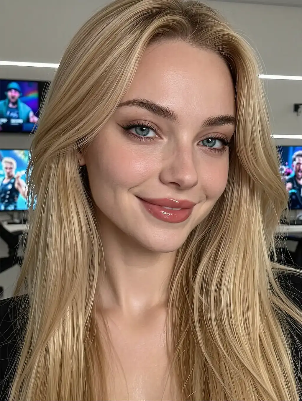 Fictional AI character with long blonde hair smiling in front of screens playing several streams at once